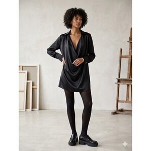Olia Black Satin Oversized Draped Cowl Neck Tunic Top Long Sleeve Sz S Pull Over